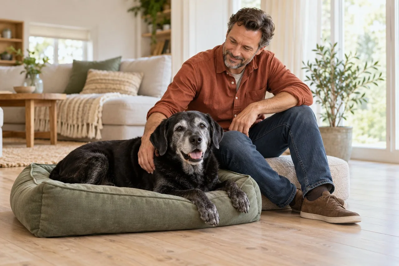 Owner beside a resting older-looking dark-coated dog