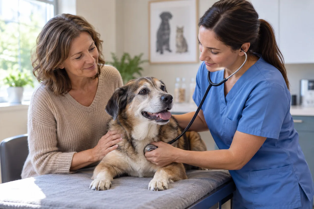Owner and veterinary professional beside a dog